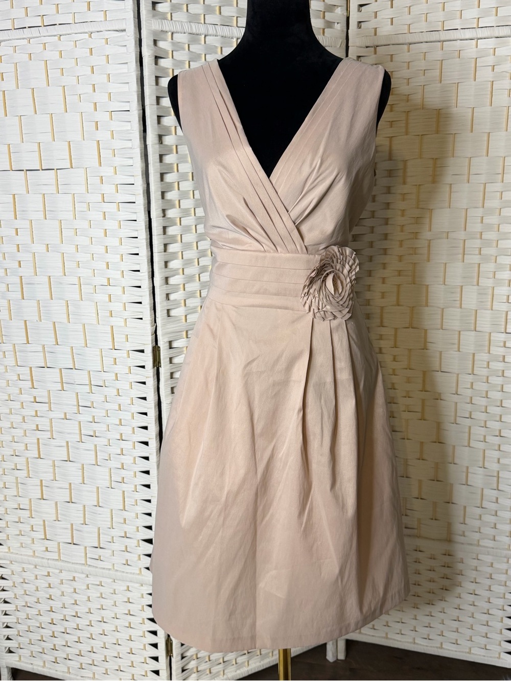 Julian Taylor Sleeveless Wrap Midi Dress in Blush Pink with Rosette Waist